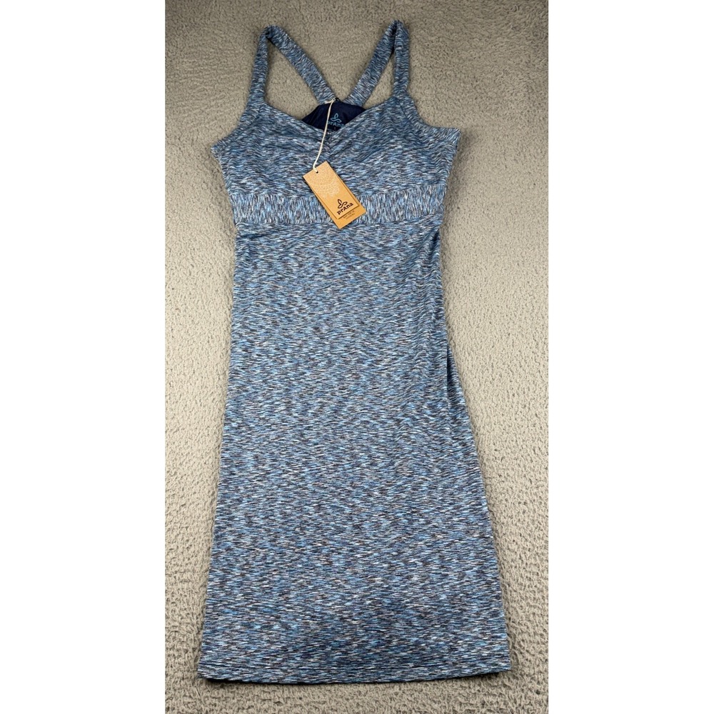 PrAna Amaya Space Dye Light Blue Ruch V Neck Racerback Mini Dress Womens Large